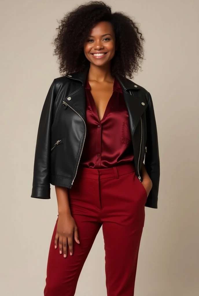 Moderate size half British half American smiling, skin glowing and very beautiful lady wearing Outfit Idea**: Mix different shades and textures of rouge by wearing a dark rouge leather jacket over a lighter rouge silk blouse with tailored rouge pants. Comp...