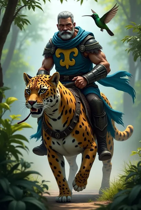 Adult male scout warrior with fleur-de-lis symbol,wearing blue armor ,green and dark yellow ,Riding on a jaguar with a hummingbird around it