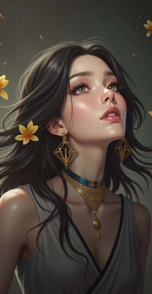  woman wearing a white dress with gold jewelry ,  on one hand golden foxglove with three fingers, beautiful celestial magician, anime goddess, появляется как богиня Yin Yang, Luo Yi from  "Mobile Legends Bang Bang",  goddess of light and dark , Yin Yang,  ...