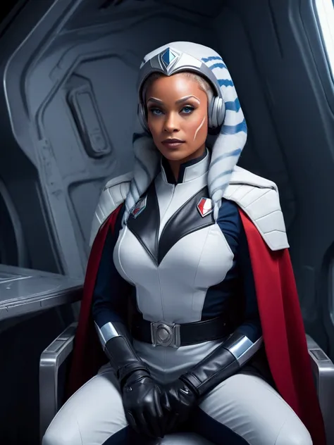 aahsoka and ((￼ silver eyes)) sits confidently on a modern-looking chair. she is dressed in a white military uniform that includ...