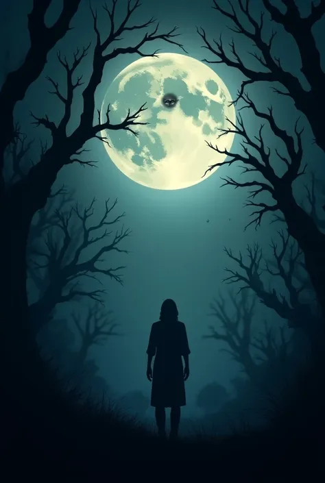 A dark landscape with a full moon and silhouettes of twisted trees, where behind a tree there is a silhouette of a person . vector. 
 That the moon is a little lower and that it is located on the right side and that inside it has a dark face in low opacity...