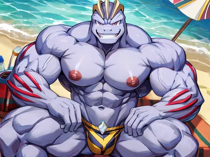 Machoke(Pokémon)、かいりきPokémon、High image quality、high quality、anime、muscle、Big cock、Big nipples、Beach、smile、Smiling over a bikini、