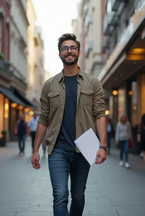 27 year old happy young man with glasses and short beard walking down a street with sheets of paper in his right hand