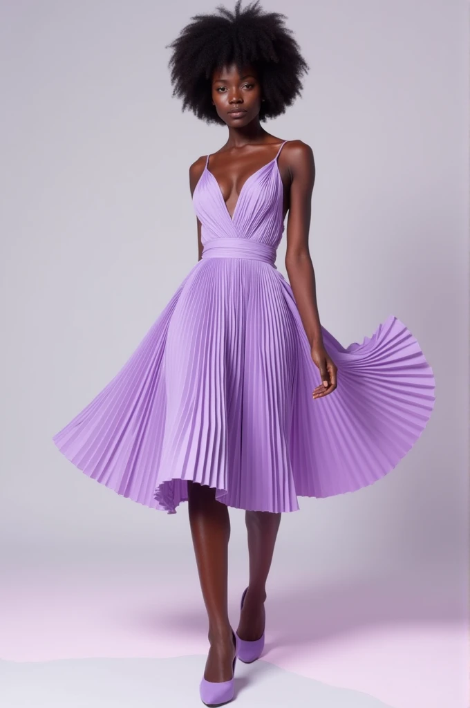 African lady very beautiful, with glass hour body, glowing skin wearing pleated dress combination of the 1990d fashion with the 2024 fashion in lilac Color, with matching shoes 