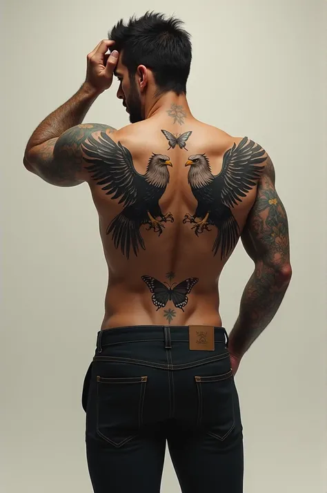 Man with his back brushing his hand through his hair
With eagle tattoos and a butterfly 