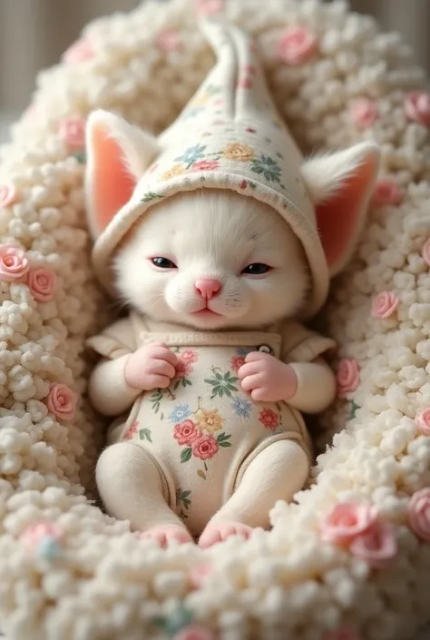 Create a new born baby cat / chinchilla wearing a floral overall dress and wears a bib and lies in a cat  floral cushion wearing a baby cap