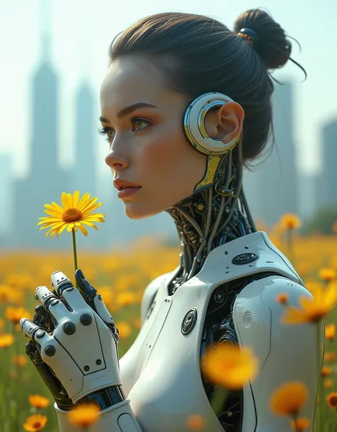 (masterpiece:1.2,Exceptional Quality,mirror-like,Cinematic Experience,Photorealistic,RAW Photos,Super detailed),8k,wallpaper,(Beautiful multiple exposure combining black girl female cyborg and cyberpunk city),(The background is a beautiful flower field:2.0...