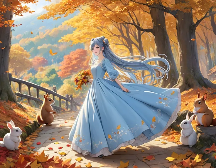 ((Best Quality)), ((masterpiece)), ((Ultra-detailed)), (  so delicate and beautiful ),  Light Blue Long Hair、 A girl with a beautiful twin-tail hairstyle 、 Yellow long dress、Bright autumnal forest、Autumn leaves are carpet 、 Friends in the forest are watchi...