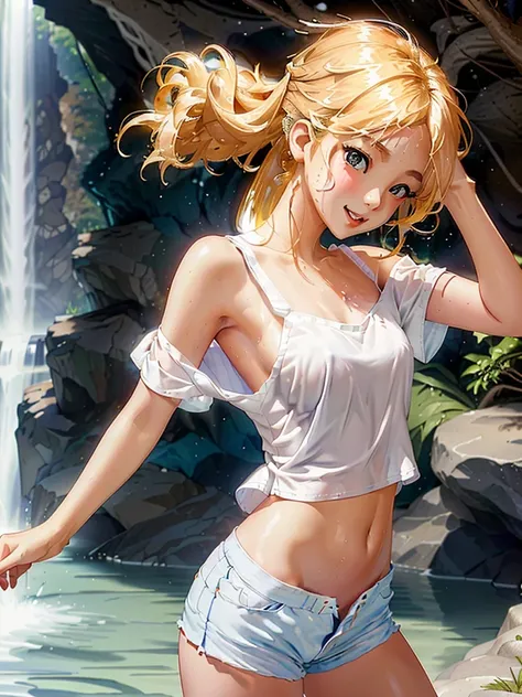 Beautiful Japanese girl playing waterfall wearing off-the-shoulder sleeveless blouse, white crop top, shorts, no underwear, clothes soaked to look through, small breasts, high definition,  Masterpiece ,  Anatomically Correct, My hair is shaking, My hair is...