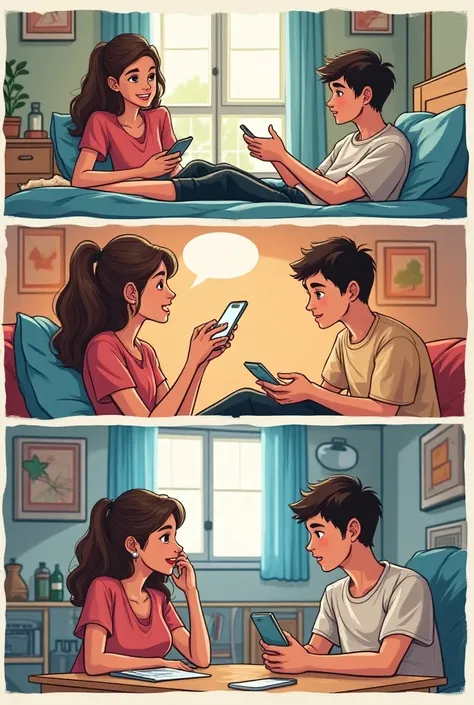 Comics of a . 19 years old and a 19-year-old girl talking on the cell phone in bed each at home in separate places 