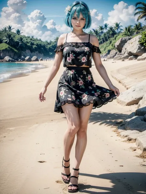 Nico, 1 ,  high resolution ,  full body, wearing a short black floral dress with lace, Wearing black sandals, on a beach, pulling up the skirt, walking