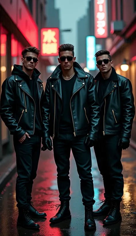 young hoodlums group of men in black leather, undercut hairstyles, leather gloves, leather boots, sunglasses in dark alley,(best quality,4k,8k,highres,masterpiece:1.2),ultra-detailed,(realistic,photorealistic,photo-realistic:1.37),dark and gritty atmospher...