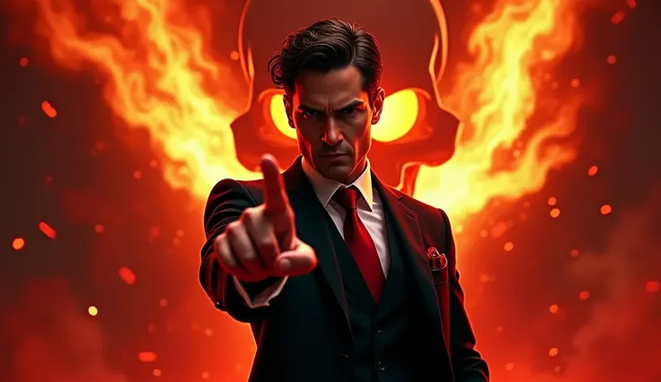 Create an image of a charismatic male character wearing a sharp black suit with a red tie, confidently gesturing towards a fiery background with swirling flames and a glowing skull in the center. The character should have an intense expression, emphasizing...