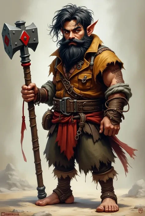 Clérigo Halfling , dark curly hair, big feet,  A war hammer with red details, thick eyebrows,  Shaggy leather blouse , barefoot,  Shaggy bag shorts ,  Dark disheveled beard , light brown eyes