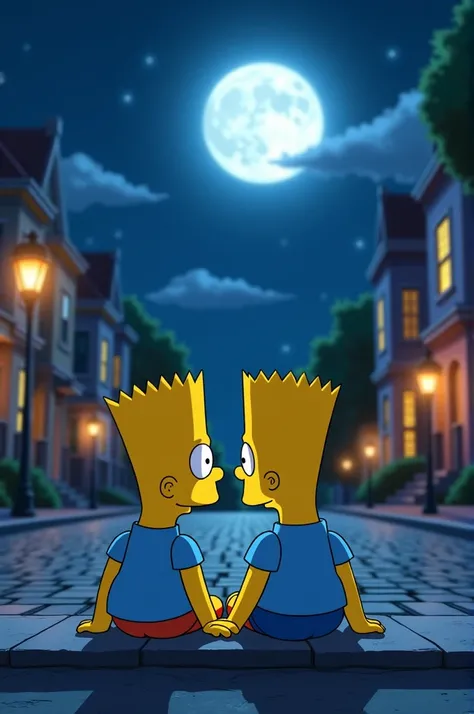 "A romantic nighttime illustration in anime style featuring Bart Simpson and an anime girl sitting together on a street curb. Both wearing matching blue casual outfits. Night scene with full moon, illuminated houses in background. Warm lighting from window...