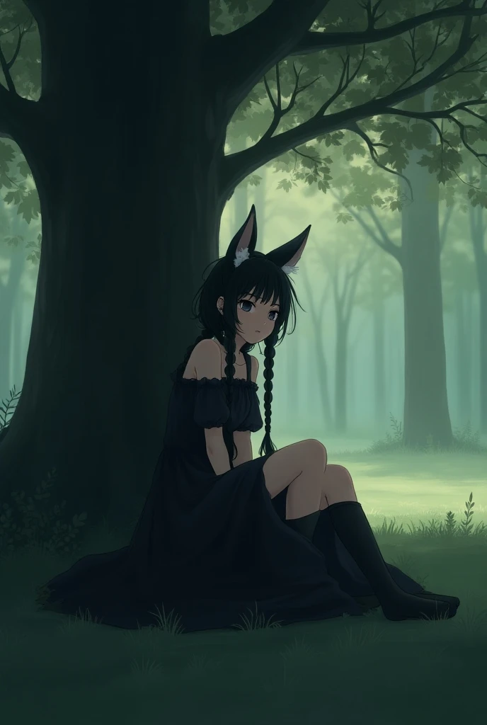 anime curious woman. black long sloppy braid. foxes ears. He is sitting under a tree in a black light dress with his legs tucked up 