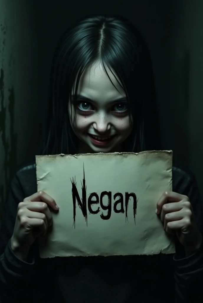 Creepy girl holding written paper "Negan"