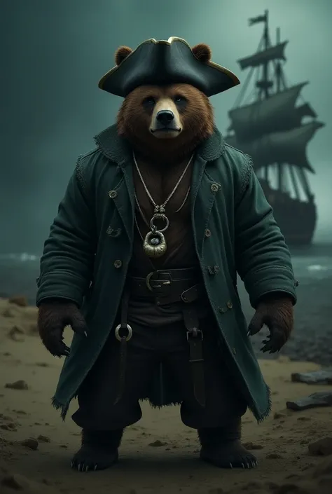  Create a cinematic poster featuring photorealistic portraits of clothed animals - a ((gordo)) Pirate adult grizzly bear,,  wearing pirate costume and pirate hat , with a serious expression, intense expression,  It should be slightly off-center in the comp...