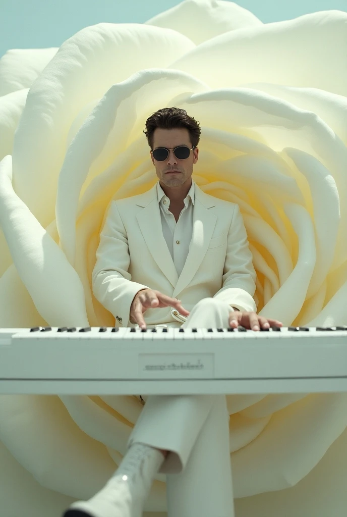 A beautiful Alain Delon vampire playing a giant white keyboardwearing dark glasses in a white 70s suit with flared trousers and white boots smoking a large cigar sitting inside a giant white rose