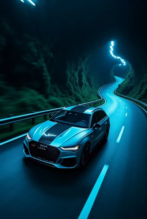  Audi RS6 avanta C8 silver rims with black carbon fiber stripes , black , in the Zurqui Tunnel in Costa Rica at night with blue neon light with aerial view from side to front