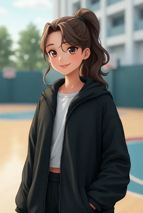 1girl, Breasts, Brown Hair, Half Updo, Curly Hair, Hair Behind Ear, High Resolution, Smile, basketball court background, full black sports jacket, white undershirt, Realism, Modern, 