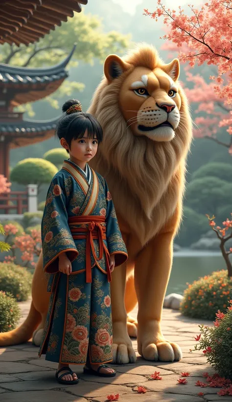 Generate an image of a boy in Japanese clothing with a lion guardian in photorealistic style. The boy is wearing traditional Japanese clothing and stands with a confident expression on his face. A majestic lion is nestled next to him, creating a mysterious...