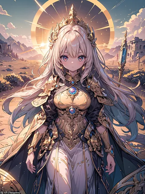 ((masterpiece, best quality, 16k)) (1girl) A radiant goddess, with golden skin that shines like the sun. Her flowing hair is ablaze, cascading down her back, and her eyes glow with the intense light of the solar disk. She wears a majestic crown with a sola...