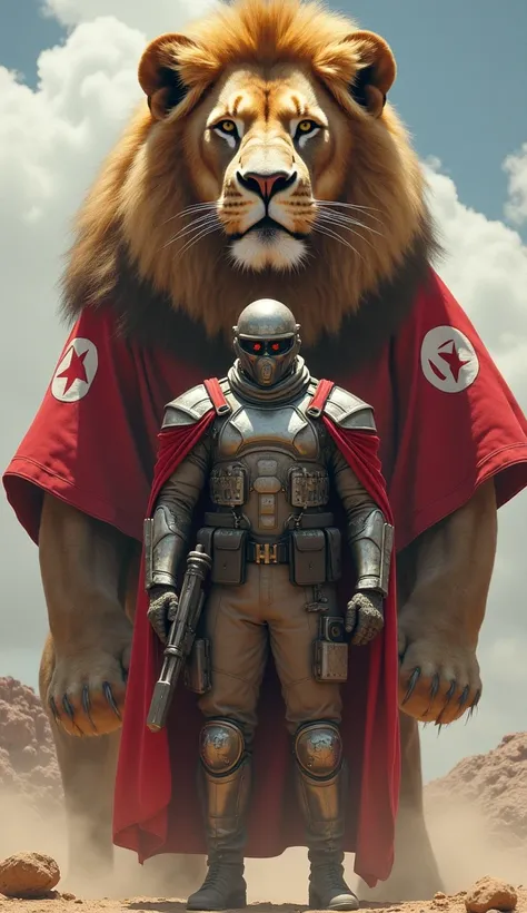 An armed soldier wearing a protective helmet with a crystal face masked on his chest and shoulder is the flag of Tunisia. A huge and giant lion walks behind him wearing a huge protective dog jacket with the Tunisian flag 