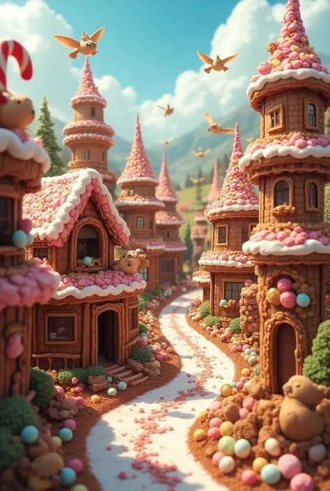 Create a detailed location of some invented town, Made of sweet ,  mostly chocolate and mash them 