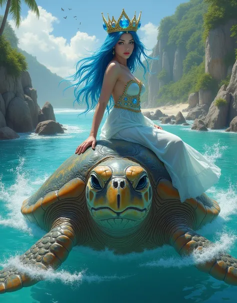  A Beautiful Sexy Princess With Blue Hair And With A Green Tiara With Blue Stones And With Blue Eyes, Riding On A Giant Sea Turtle ,  With The Background Of A Beautiful Island With Several Stones And Waters , In a Very Realistic Manga 