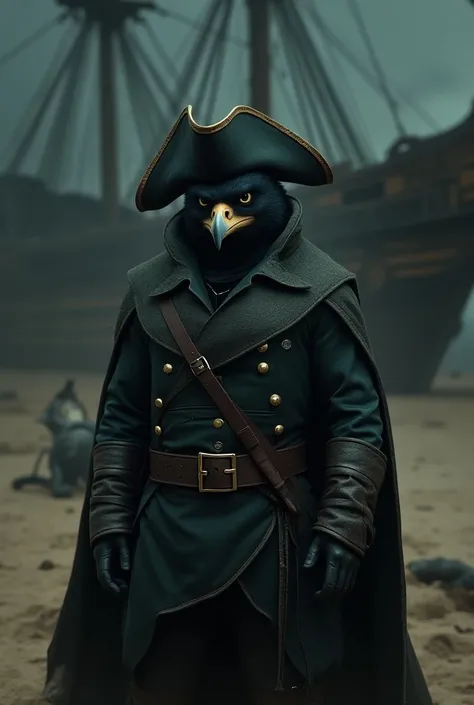  Create a cinematic poster featuring photorealistic portraits of clothed animals - a ((gordo)) Adult Pirate Peregrine Hawkeye,,  wearing pirate costume and pirate hat , with a serious expression, intense expression,  It should be slightly off-center in the...