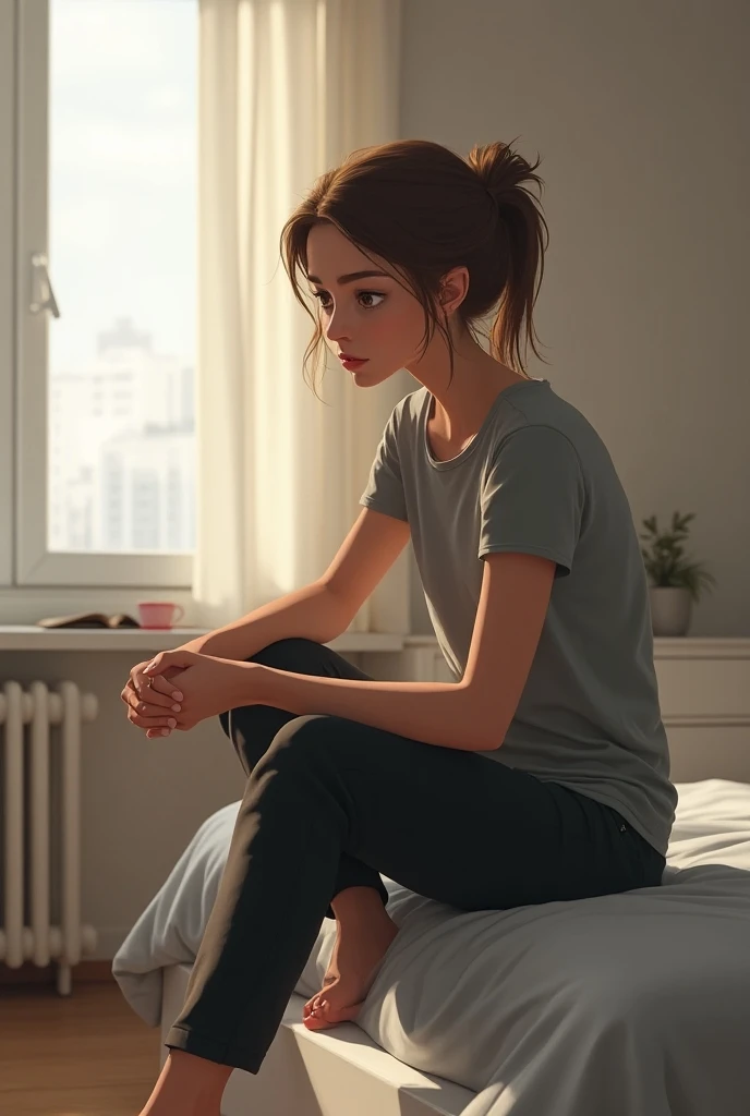  The scene takes place in a modern and minimalist apartment . Elena , a 35 year old woman,  is sitting on the edge of her bed . The sunlight enters through the windows,  but she seems oblivious to the bright environment .  The room is tidy ,  but there are...