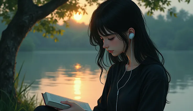 A beautiful girl with long black hair. White Earphones resting on her neck. Sitting by a tree on a lake reading a book and almost crying. Sunset reflecting on the lake. She uses a black shirt