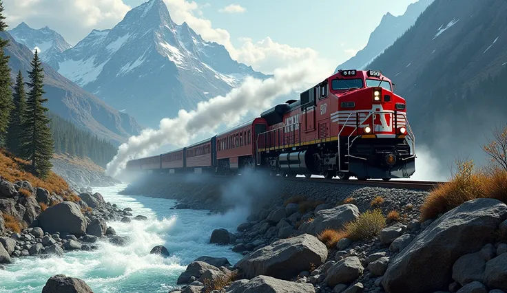 American Diesel Locomotive with Passenger Wagons, Mountains, above wild River 