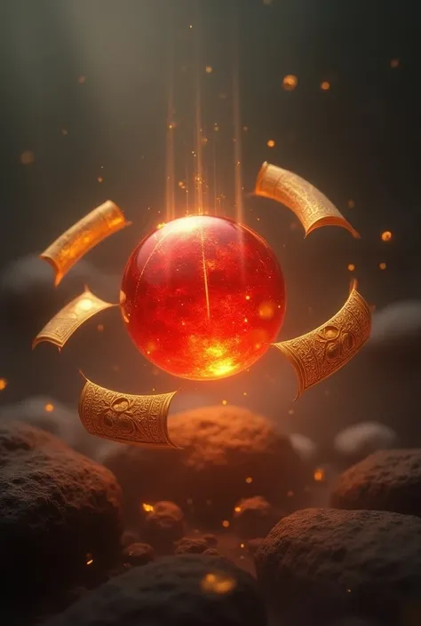 create an image of a red fire orb floating in the air ,  this small orb is a red fire orb with golden scriptures floating around it