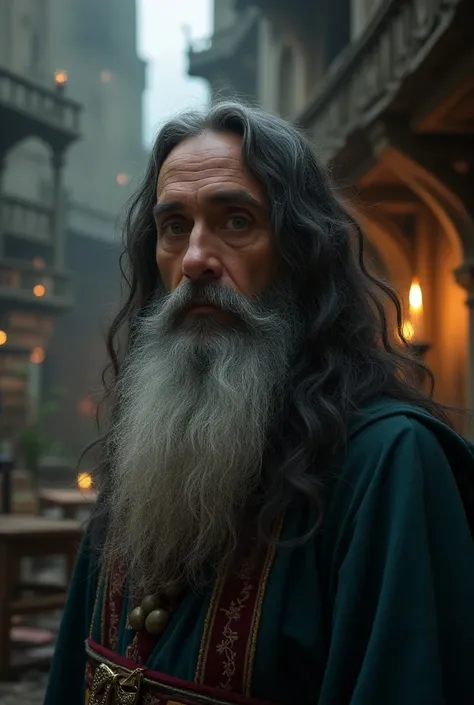 The head is a hippie head, and draw a live-action picture of a black wizard in his 40s at Hogwarts