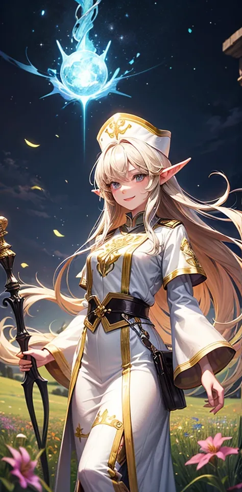 Solo, female, anime fantasy style, high elf, very tall, perfect body, long accurate golden hair, lazure eyes, priest, magic stuff in hands, white clothes with golden parts, big briests, kind smile, Blooming meadow in the background, hat, hd