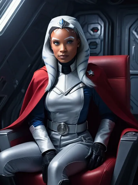 aahsoka and ((￼ silver eyes)) sits confidently on a modern-looking chair. she is dressed in a white military uniform that includ...