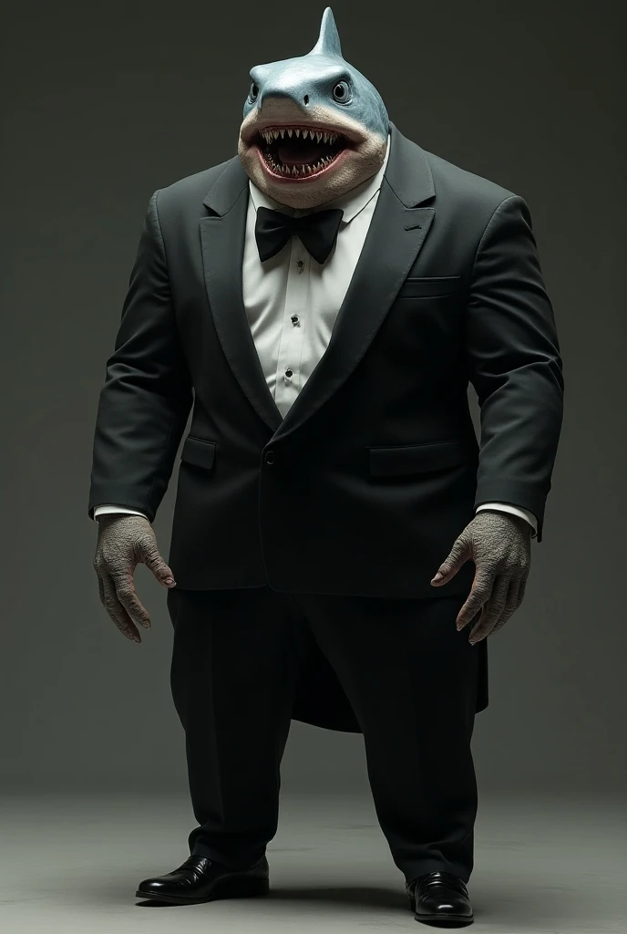  shark with a humanoid body with the rough skin and texture of the animal shark , shark head, with arms and legs of human ,  combining ferocious and human characteristics in a realistic and impressive tuxedo suit designer