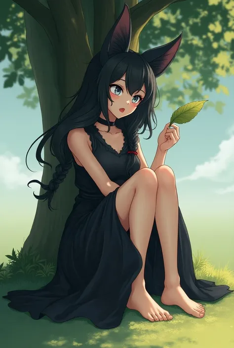 anime curious woman. black long sloppy braid. foxes ears. He is sitting under a tree in a black light dress with his legs tucked up. gray narrow eyes. barefoot. He holds a leaf in his hand