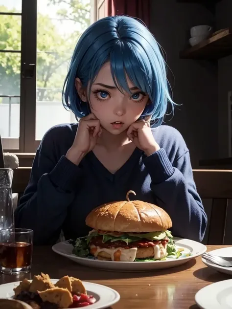 blue hair,  a girl sad , open sagging mouth,  gnaws empty plate, eat plate that empty,