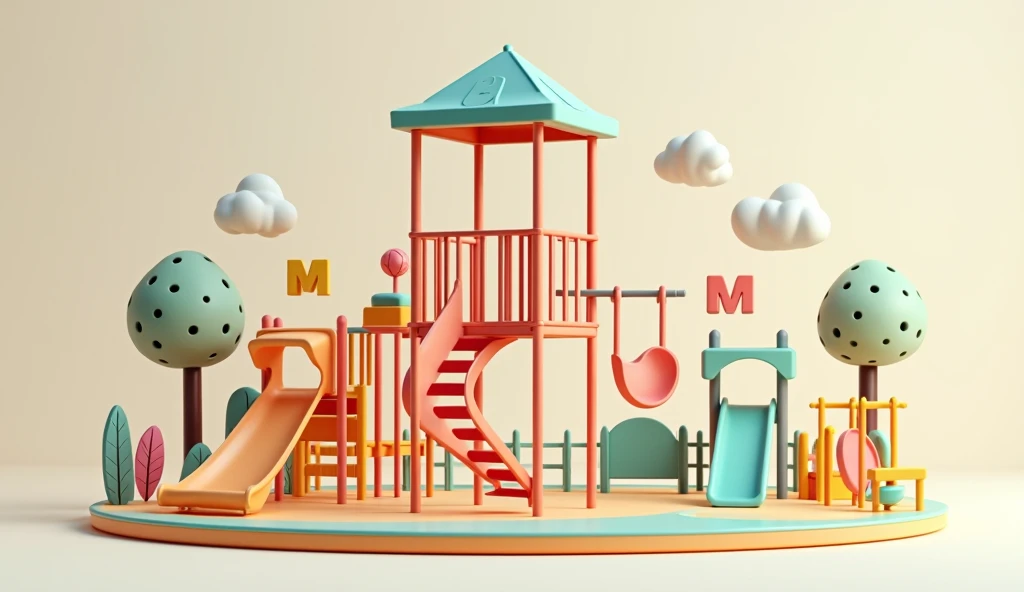 with PM initials mixed, with a medium metal tower with slide games and plastic swings in the background