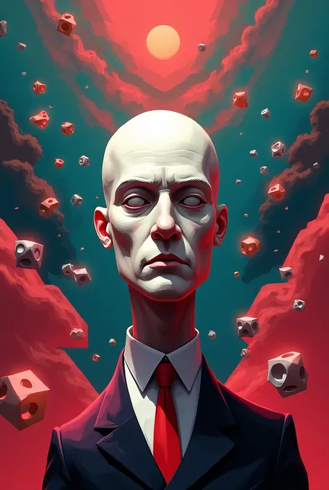 Geometric image with unpleasant colors and with random objects floating meaningless with the head of a white bald man in the middle 