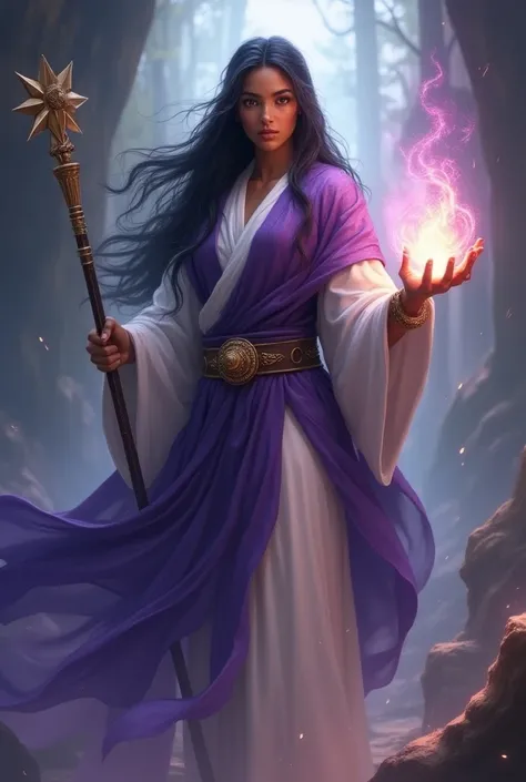  Master with great wisdom ,  long black hair with white highlights, human appearance and brown skin , wearing a violet and white cloak ,  holding a magic staff and generating light energy and love with your hands 