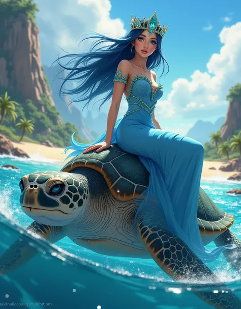 A Beautiful Sexy Princess With Blue Hair And With A Green Tiara With Blue Stones And With Blue Eyes And With A Blue Dress, Riding On A Giant Sea Turtle ,  With The Background Of A Beautiful Island With Several Stones And Waters , In a Very Realistic Manga 