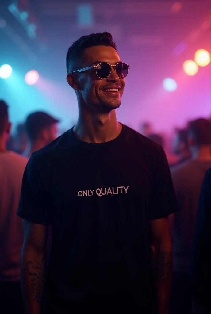 Cristiano Ronaldo at a techno party with sunglasses looking at me 
While smiling, Wearing a black t-shirt with no brand that says, only quality .  
