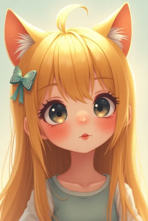 1 girl, blonde hair, fringe,  long hair, Cat ears, blush, chapped lips,  simple background , Pinza para el cabello, Shine, 