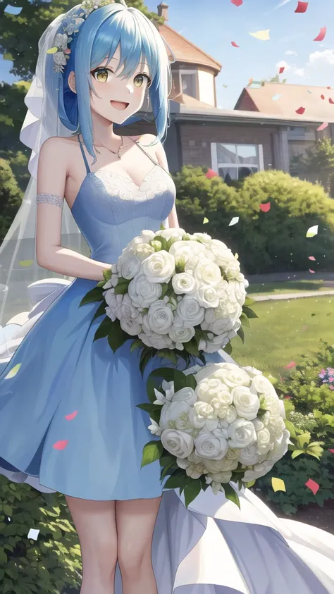 masterpiece, best quality, highres, rimuru tempest, blue hair, long hair, medium breasts, wedding dress, standing, garden, confetti, holding bouquet, smile, open mouth,