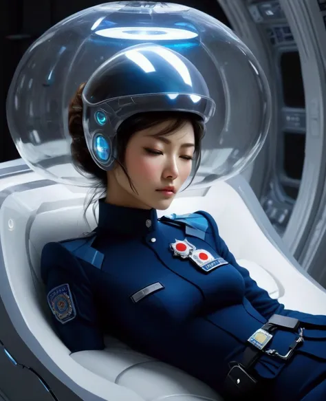 (((( Japanese Woman Police Officer 2005 )))), with flowing hair on a realistic futuristic space station)), ((sleeping in coffin shaped futuristic cryopod)), ((cushioned bed with display and glowing control surfaces)), ((scifi circlet on head)), weightless ...