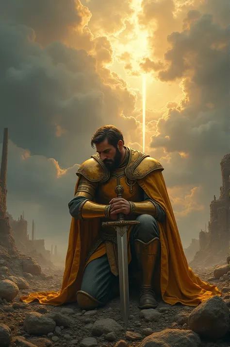 It creates the image of a soldier with a sword in his hand and golden armor kneeling his sword into the ground with a tired face firmer just above a sky with heavenly lights where God hides behind the clouds below him from man a completely destroyed battle...